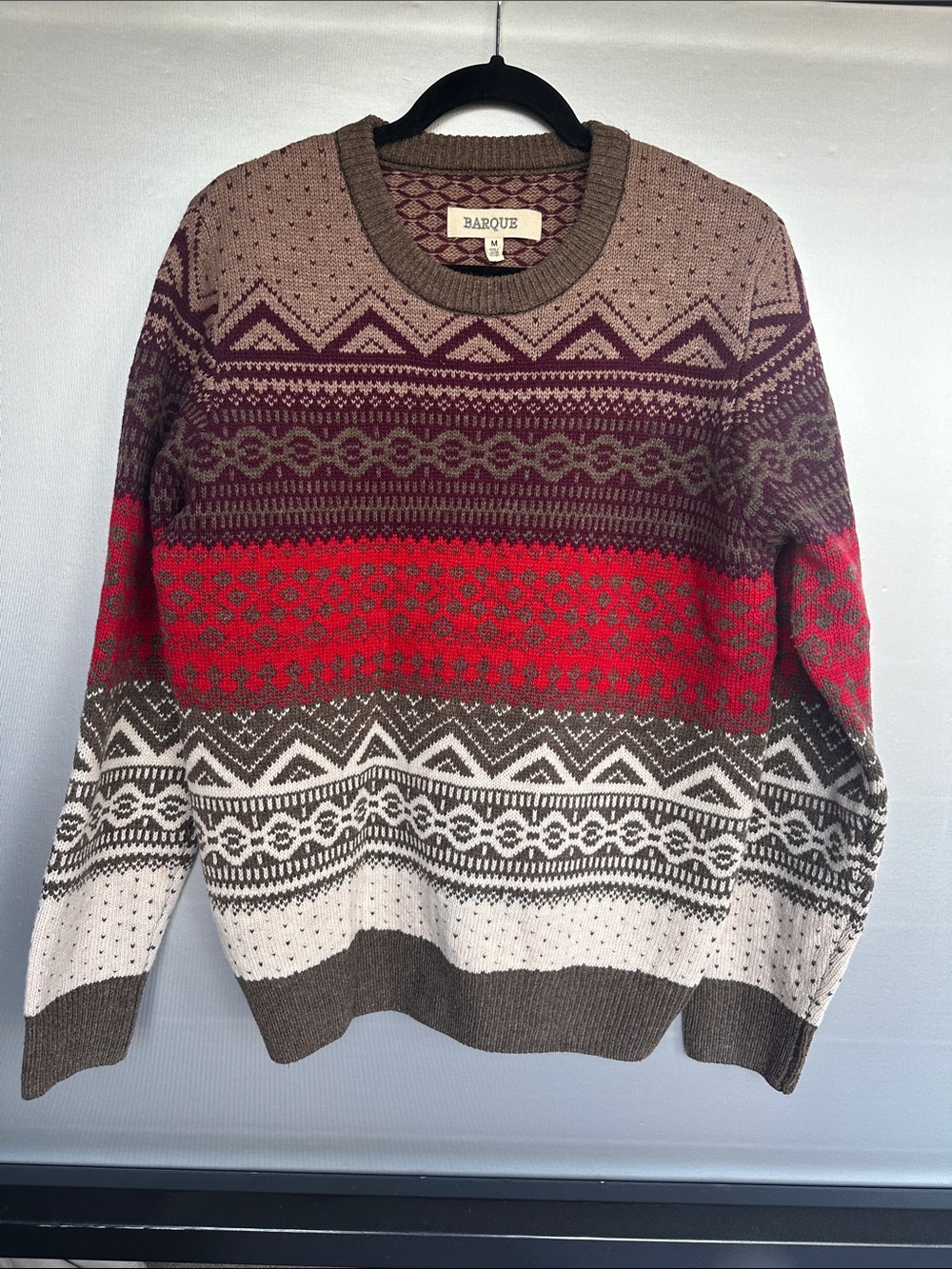 Baroque Fair Isle Crewneck Size M Tan Red Pullover Wool Nylon Sweater Preppy